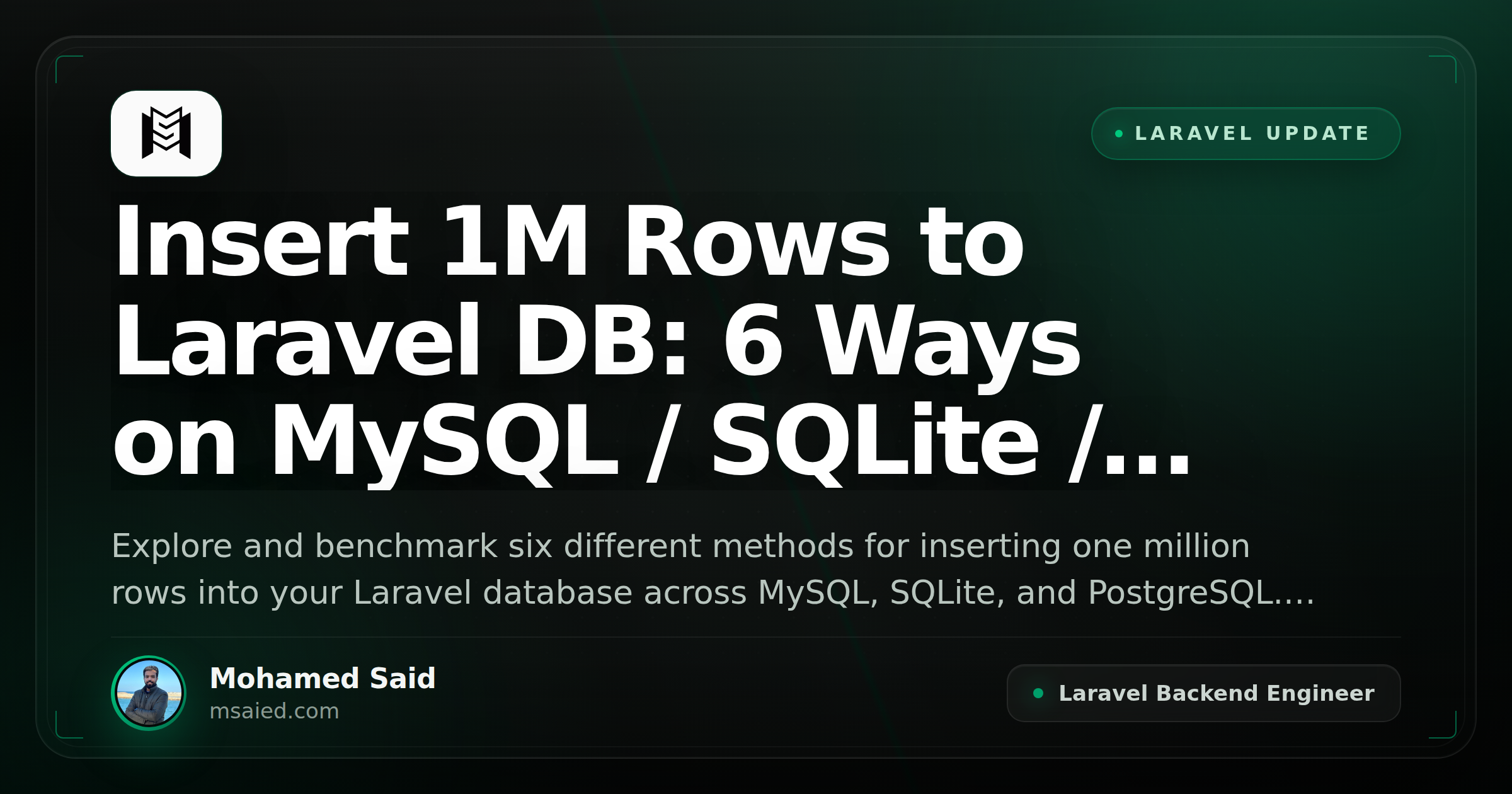 Insert 1M Rows to Laravel DB: 6 Ways on MySQL / SQLite / PostgreSQL (Benchmarks)