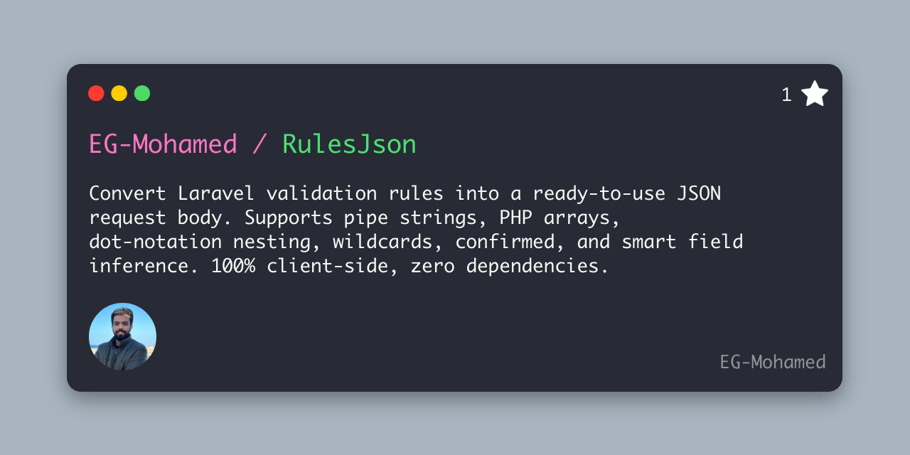 RulesJson: Convert Laravel Validation Rules to JSON Request Bodies